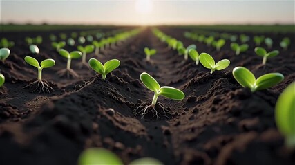 Close-up of young green plants sprouting from rich soil on a farm. - Powered by Adobe