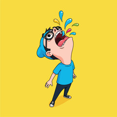 Young boy with open mouth catching colorful water drops.