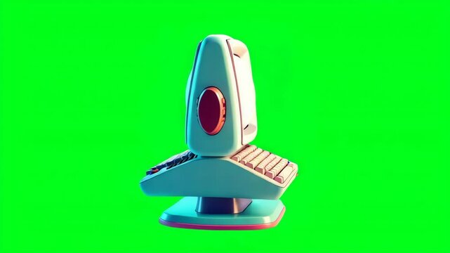 Retro computer with a colorful screen and a classic keyboard set against a vibrant green background