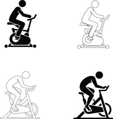 Stationary Bike Vector Icons: Fitness Spinning Exercise Silhouette. Gym Workout, Cardio Training & Indoor Cycling Pictograms
