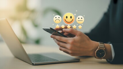 Client Satisfaction: A person's hand interacting with a smartphone, enhanced with floating icons, conveying the essence of customer satisfaction.