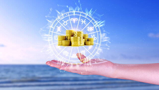 Horoscope with zodiac signs and money coins like astrology and money and astrology and wealth concept, Financial horoscope concept.