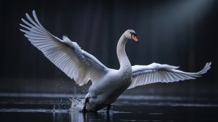 Graceful Swan: A majestic swan takes flight, its white feathers contrasting beautifully against the tranquil water and soft light.