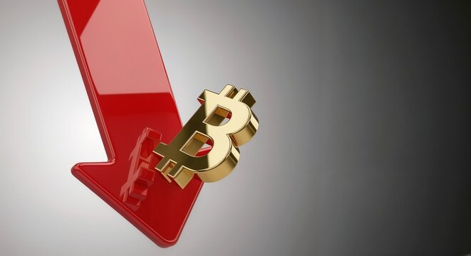 Gold Bitcoin symbol falling down in value on red arrow background  