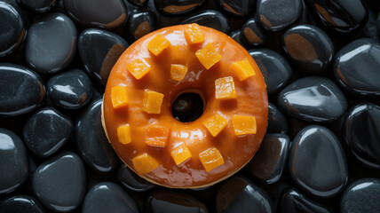 Top view of a glazed orange donut topped with candied fruit pieces on dark stones