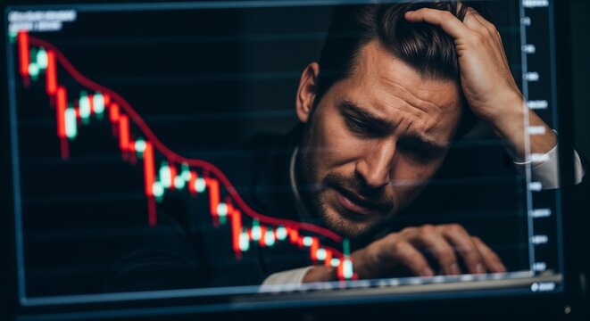 Distraught businessman looking at declining stock market graph on screen  