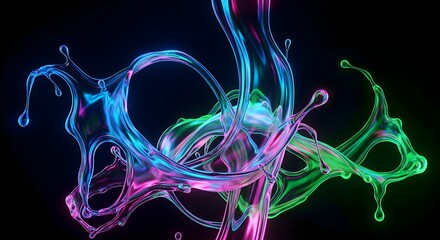 Dynamic abstract liquid splashes illuminated by vibrant neon colors, creating a glowing and energetic visual flow on a dark background, representing fluid motion