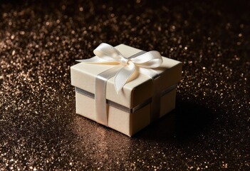 Elegant gift box with silver ribbon on sparkling glitter background