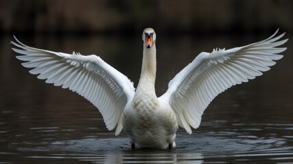 Swan in Flight: A majestic swan, its pristine white wings spread wide, gracefully taking flight against a serene water backdrop, radiating elegance and freedom.