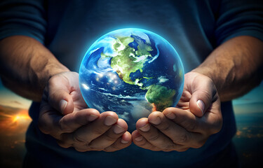 Protecting our vibrant Earth in caring hands, symbolizing global unity and environmental sustainability, perfect for corporate responsibility and eco-friendly initiatives