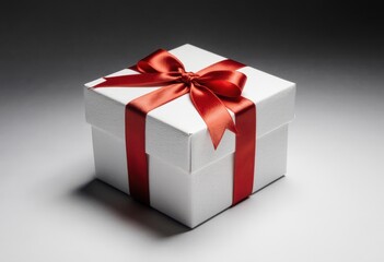 Obraz premium Elegant white gift box with red ribbon in soft light
