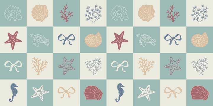 Marine Minimalist seamless pattern with seashells, coral, starfish, turtle and sea life elements. Soft colors, modern, stylish checkered design, simple shapes. Cozy pattern in blue tones