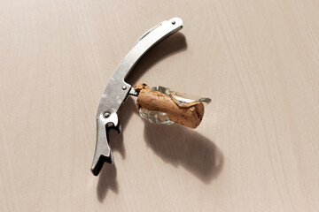 Broken neck of wine bottle. Corkscrew and cork damaged the bottle.