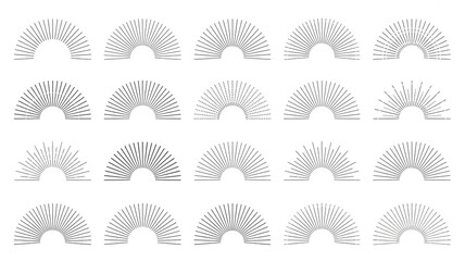 Set of twenty black and white abstract decorative arch or fan shape design element isolated on white background