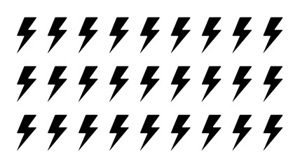 Pattern of black lightning bolt icons repeated in three rows isolated on white background
