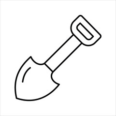 Minimalist black and white line art vector icon depicting a small hand shovel, an essential tool for gardening, digging, and various outdoor activities, presented on a clean white background