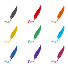 Feather quill pen logo with ink pot icon isolated on white background. Set icons colorful