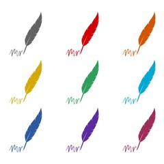 Feather quill pen logo with ink pot icon isolated on white background. Set icons colorful