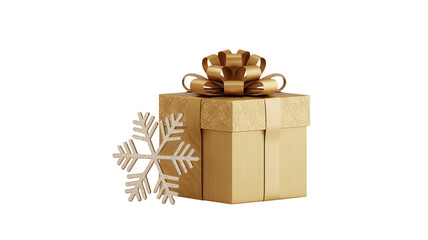 Gold Christmas Gift Box with Decorative Bow and Snowflake Ornament PNG isolated on transparent background