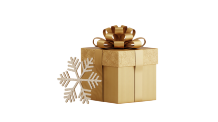Gold Christmas Gift Box with Decorative Bow and Snowflake Ornament PNG isolated on transparent background