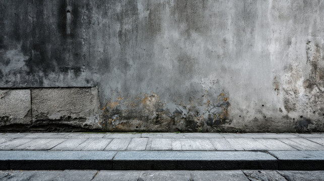 Old concrete grunge wall with an adjacent sidewalk.