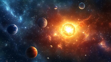 A vibrant depiction of planets and a sun amidst a colorful cosmic nebula landscape view in space