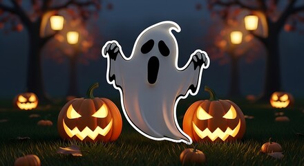 Spooky Halloween night with ghost and pumpkins glowing in dark scenery