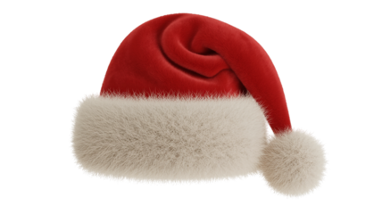 red santa claus hat with white fur trim and pompom isolated on transparent background