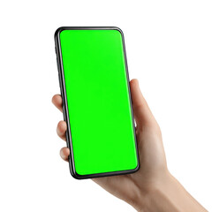 Hand holding smartphone with green screen png mobile png device png app png technology png chroma png display png touchscreen png UI png digital png transparent background image