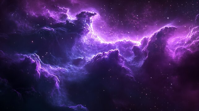 A vibrant purple and dark nebula with stars shining in the vast expanse of outer space view image - Powered by Adobe