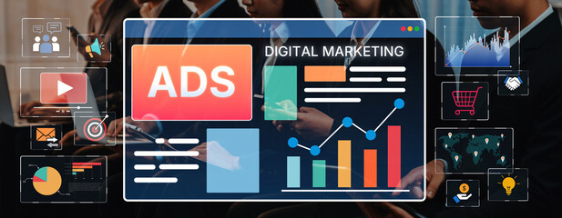 This visual depicts digital marketing strategies and analytics, showcasing advertisements, data insights, and graphs for effective online campaigns and promotions. Trope