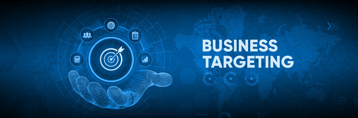 Business targeting concept with digital wireframe hand holding bullseye target icon over blue world map background, marketing strategy and corporate goal achievement technology.