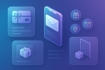 Fototapeta premium Digital gift delivery concept featuring mobile device with email notification, gift boxes, and location marker designed in cool blue tones evoking a sense of modern consumer convenience