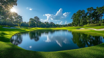 Scenic golf course with a pond reflecting the sky and trees on a bright sunny day with clouds