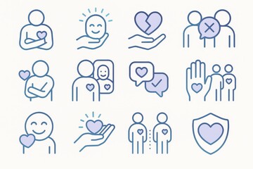 Emotional connection symbols in digital interactions expressing self love, relationship dynamics, communication, and emotional well being illustrated through minimalist graphic design