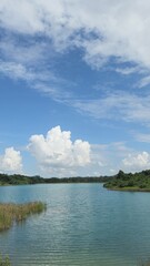 Peaceful Lakeside Landscape with Cloudy Blue Sky