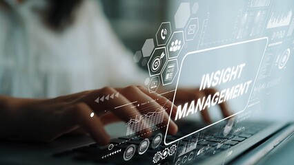 Business Professional Engaged in Insight Management with Digital Data Overlay for Modern Analysis and Strategy Development. Asymptotic smart data analytic.