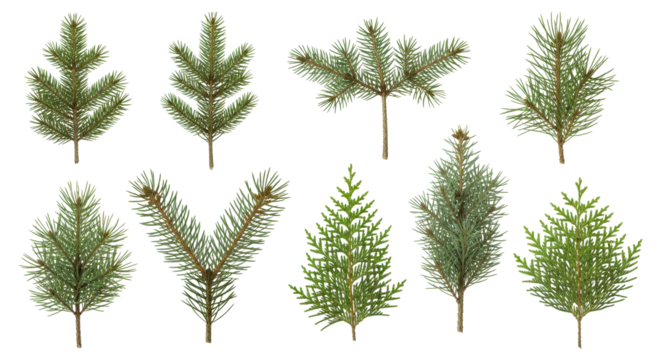 Collection of varied evergreen tree branches and conifer sprigs isolated on transparent background