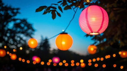 Colorful Paper Lanterns Illuminating a Serene Evening Garden Scene