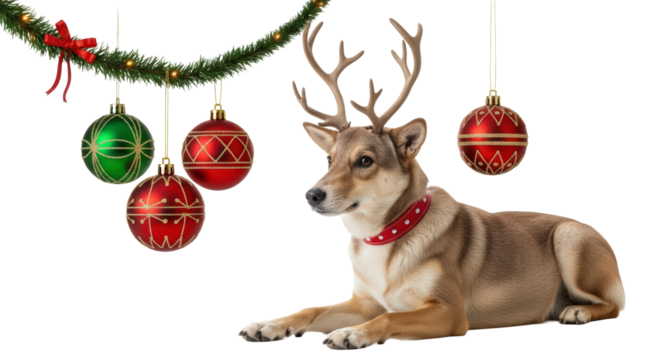 Dog wearing reindeer antlers and red collar with christmas garland isolated on transparent background
