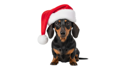Dachshund dog in santa hat, festive holiday greetings concept isolated on transparent background