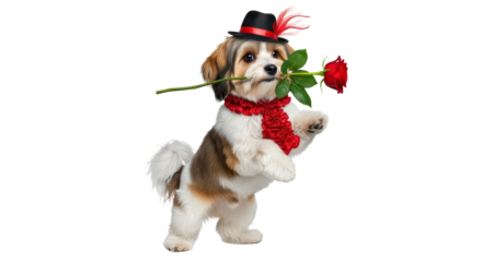 Adorable dog dressed in hat and scarf holds red rose with pure love isolated on transparent background