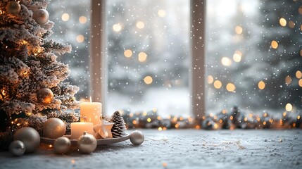 Cozy christmas scene with snow covered tree candles and ornaments by the window during snowfall day
