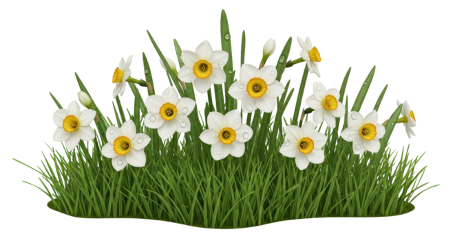 Lush green grass with fresh white daffodils and water droplets isolated on transparent background - Powered by Adobe