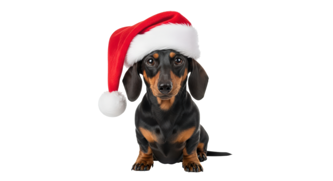 Dachshund dog in santa hat, festive holiday greetings concept isolated on transparent background