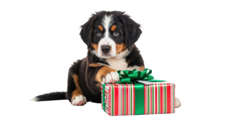 Bernese mountain dog puppy sitting with festive christmas gift box. isolated on transparent background
