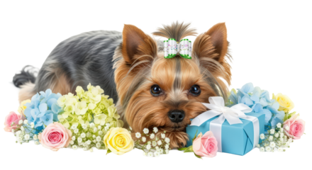Yorkshire terrier dog with bow, gift box and colorful flowers isolated on transparent background