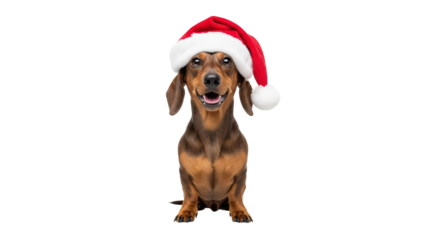 Happy dachshund dog sitting wearing a festive santa hat smiling. isolated on transparent background