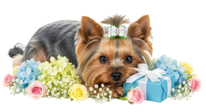 Yorkshire terrier dog with bow, gift box and colorful flowers isolated on transparent background