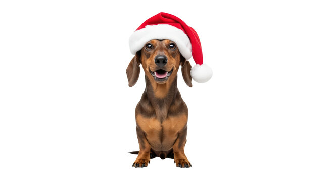 Happy dachshund dog sitting wearing a festive santa hat smiling. isolated on transparent background